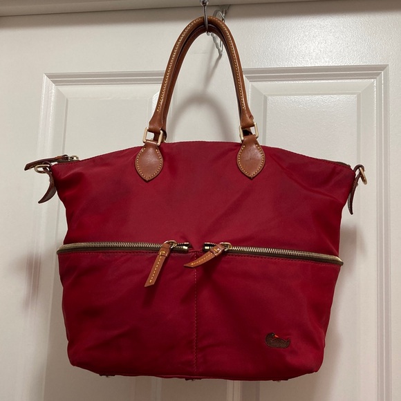 Dooney & Bourke Handbags - Dooney & Bourke Red Nylon Tote with Brown Leather Trim